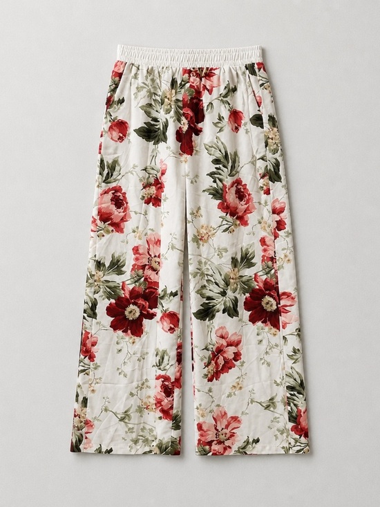 Pants - Floral Wide-Leg Pants in Ivory and Red